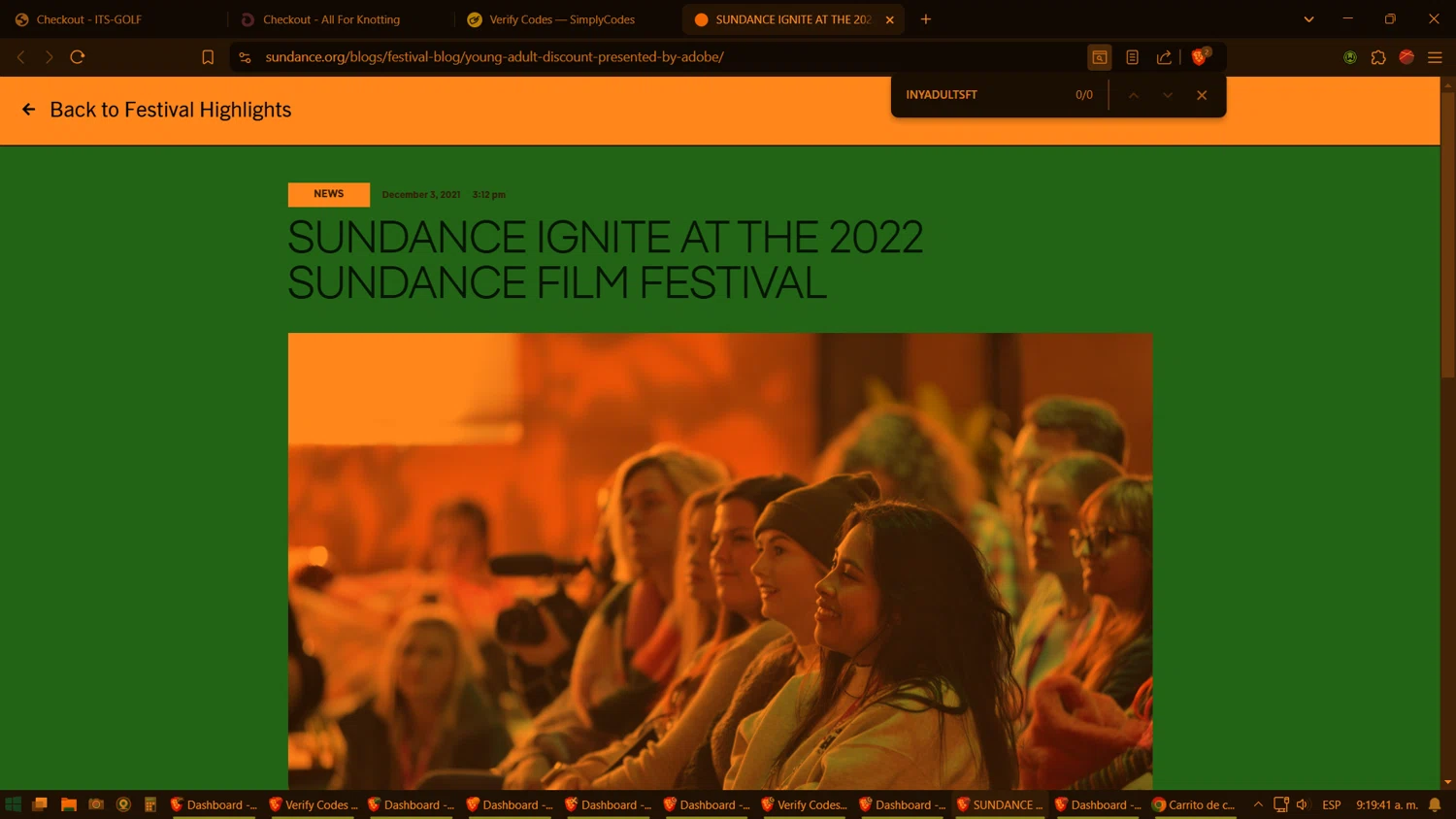 Sundance Film Festival promo code screenshot showing code INYADULTSFT applied at Sundance Film Festival checkout page. Uploaded by SimplyCodes community member TreasureExpert3303 on Jan 30, 2025