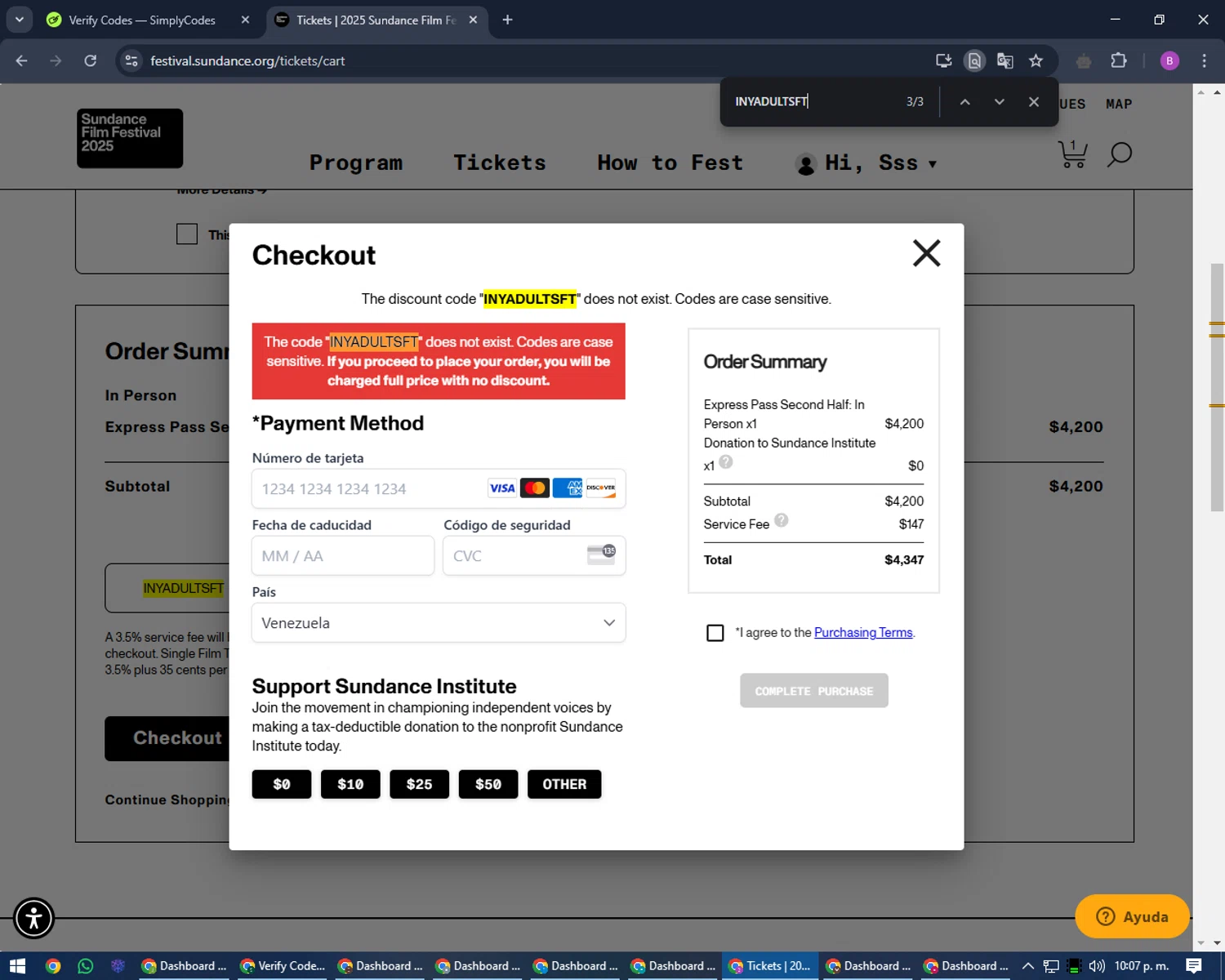 Sundance Film Festival promo code screenshot showing code INYADULTSFT applied at Sundance Film Festival checkout page. Uploaded by SimplyCodes community member travisscott on Jan 26, 2025
