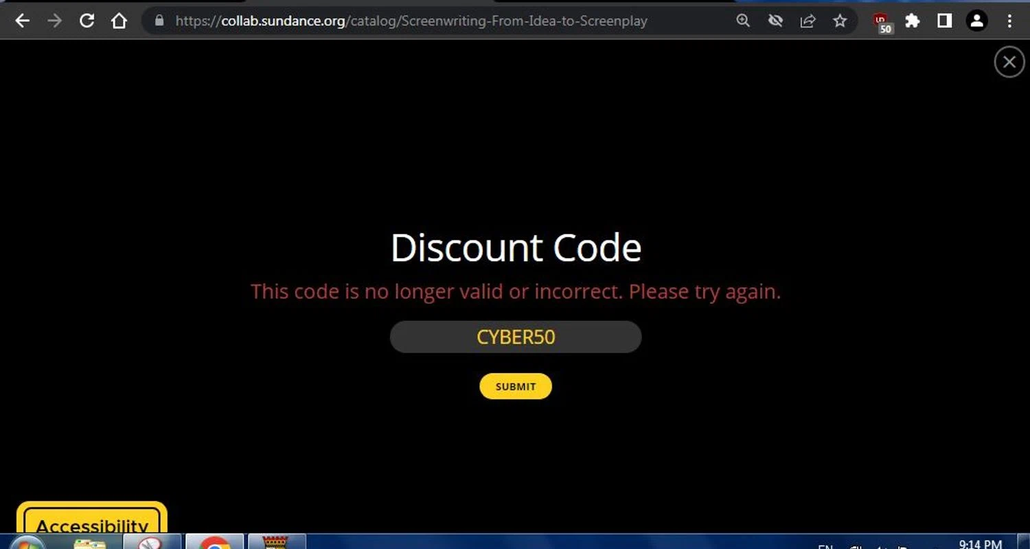 Sundance Film Festival promo code screenshot showing code CYBER50 applied at Sundance Film Festival checkout page. Uploaded by SimplyCodes community member genarawlins on Jan 29, 2025