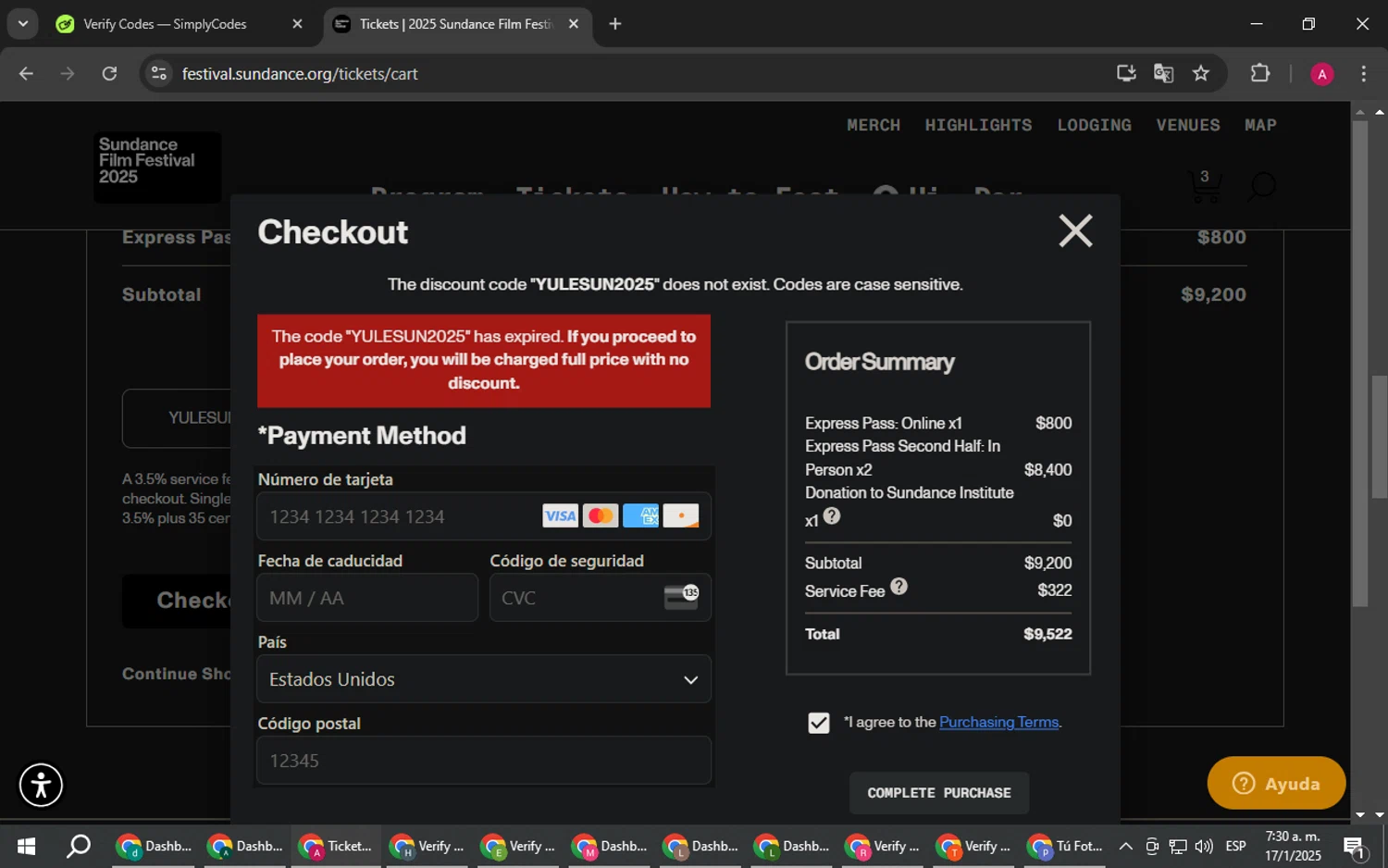 Sundance Film Festival promo code screenshot showing code YULESUN2025 applied at Sundance Film Festival checkout page. Uploaded by SimplyCodes community member BMWGS1200 on Jan 17, 2025