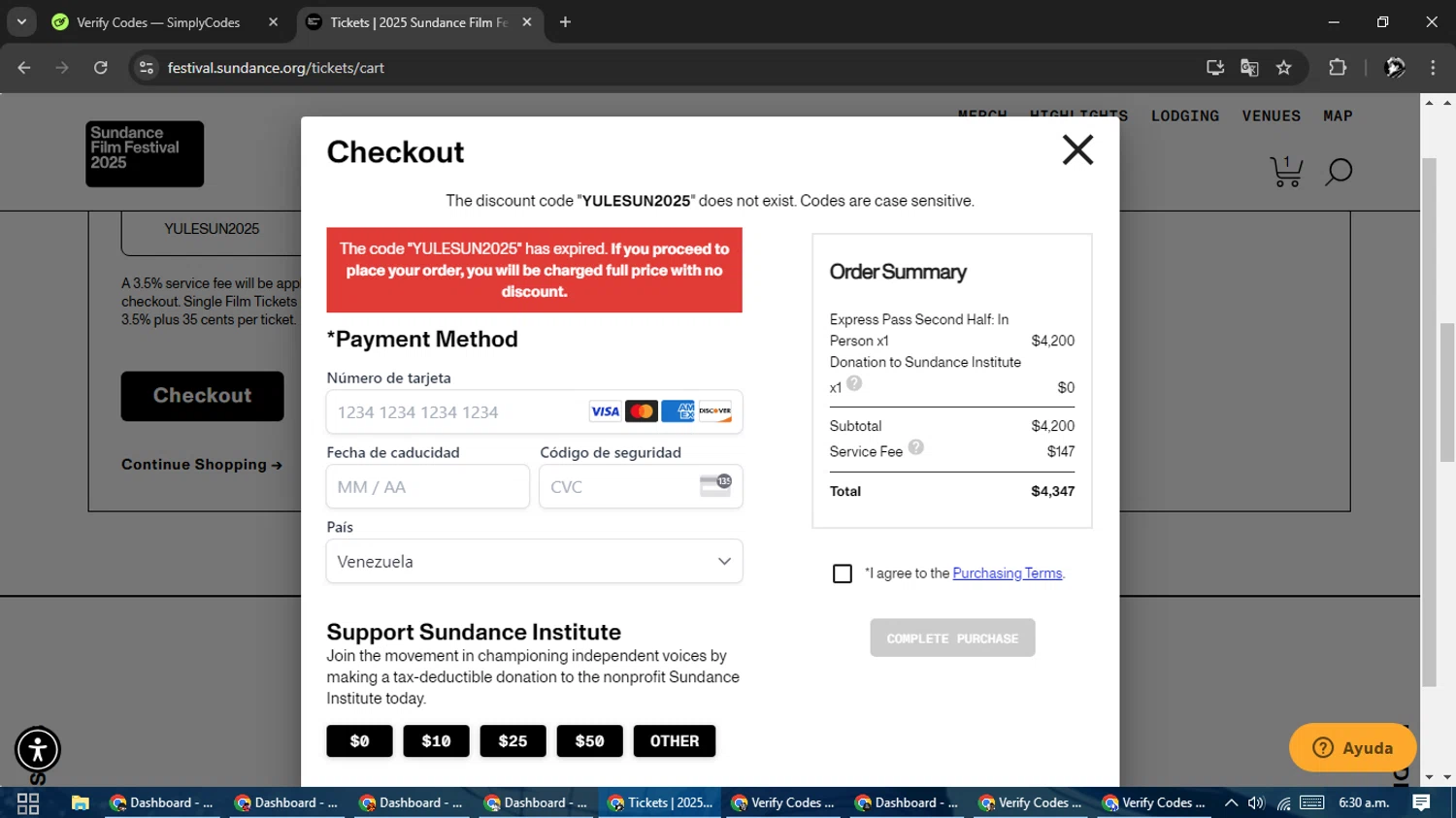 Sundance Film Festival promo code screenshot showing code YULESUN2025 applied at Sundance Film Festival checkout page. Uploaded by SimplyCodes community member SavvyChaser6563 on Jan 17, 2025