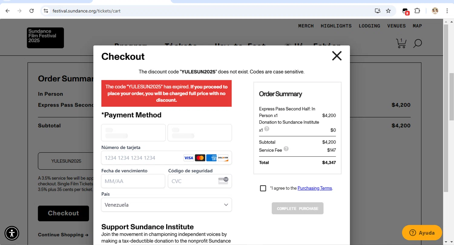 Sundance Film Festival promo code screenshot showing code YULESUN2025 applied at Sundance Film Festival checkout page. Uploaded by SimplyCodes community member LegendaryTitan9160 on Jan 26, 2025