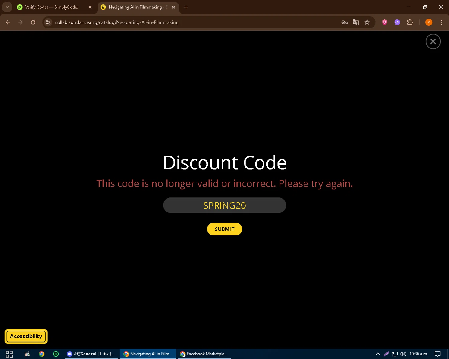 Sundance Film Festival promo code screenshot showing code SPRING20 applied at Sundance Film Festival checkout page. Uploaded by SimplyCodes community member bulbasaur69 on Jun 3, 2025