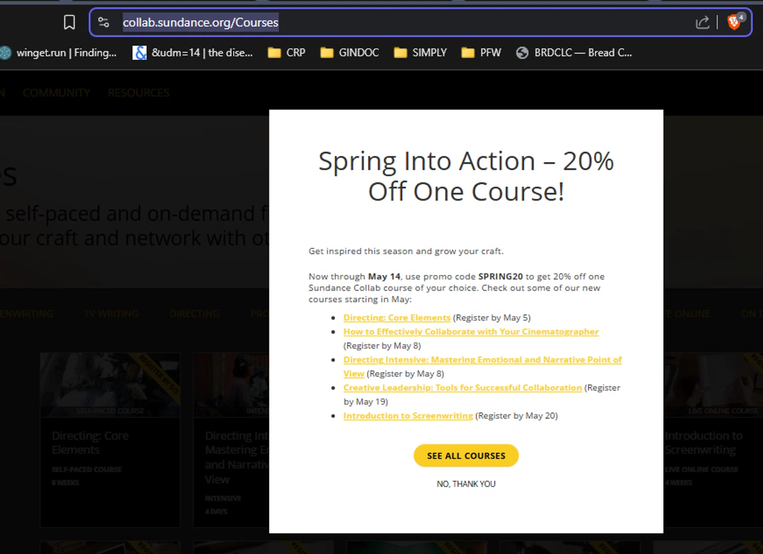 Sundance Film Festival promo code screenshot showing code SPRING20 applied at Sundance Film Festival checkout page. Uploaded by SimplyCodes community member RickhiK on May 5, 2025