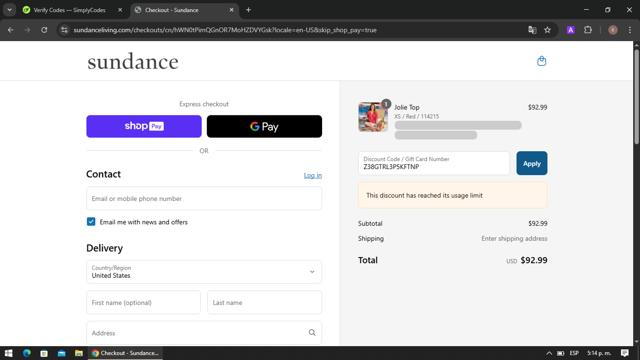 Sundance Living checkout page showing Sundance Living promo code box | Screenshot taken by SimplyCodes community member on Jul 21, 2025