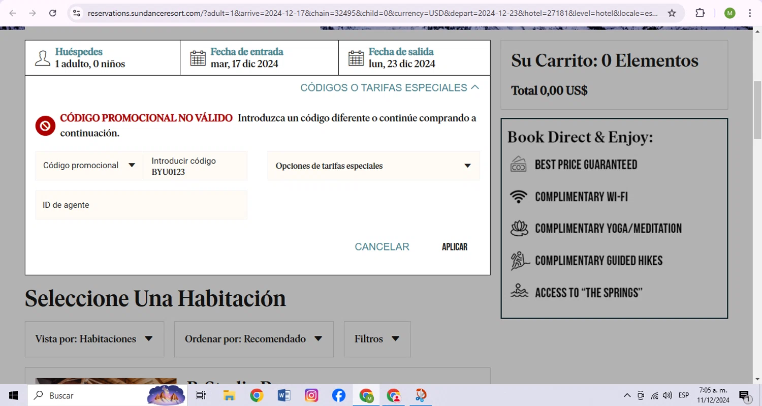 Sundance Mountain Resort checkout page showing Sundance Mountain Resort promo code box | Screenshot taken by SimplyCodes community member on Dec 11, 2024