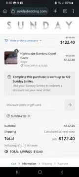 SUNDAY10 coupon verification screenshot