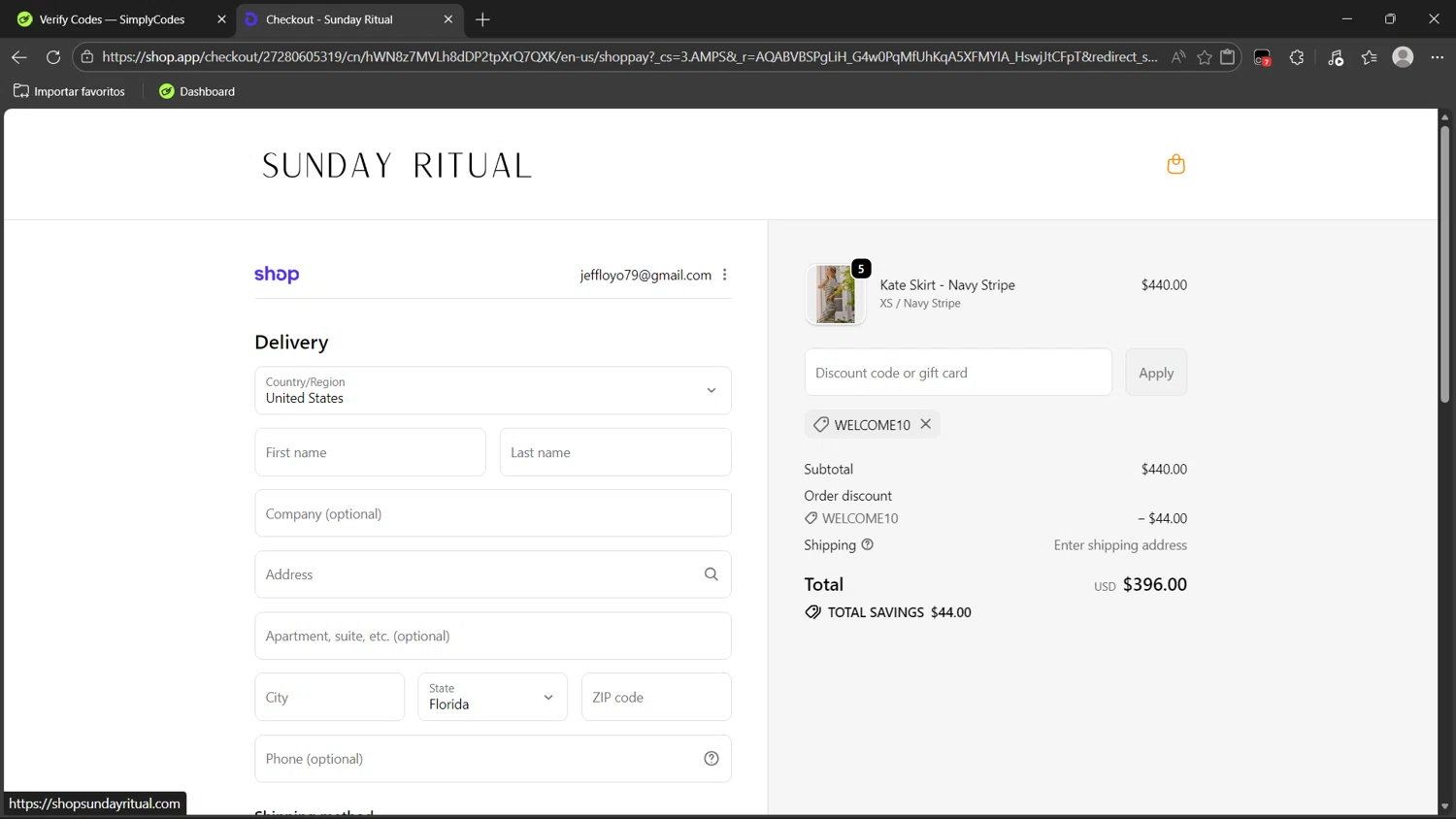Sunday Ritual promo code screenshot showing code WELCOME10 applied at Sunday Ritual checkout page. Uploaded by SimplyCodes community member dragonjeffer_93a9 on Feb 20, 2026