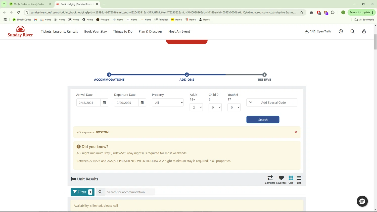 Sunday River discount code screenshot showing code BOSTON applied at Sunday River checkout page. Uploaded by SimplyCodes community member SavvySaver5447 on Feb 18, 2025
