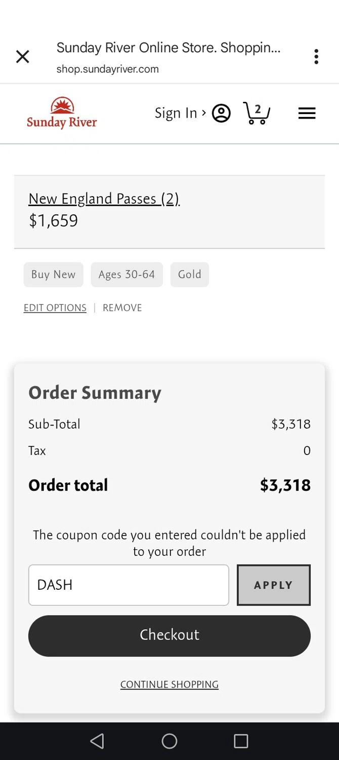 Sunday River discount code screenshot showing code DASH applied at Sunday River checkout page. Uploaded by SimplyCodes community member Fabio05 on Feb 5, 2026