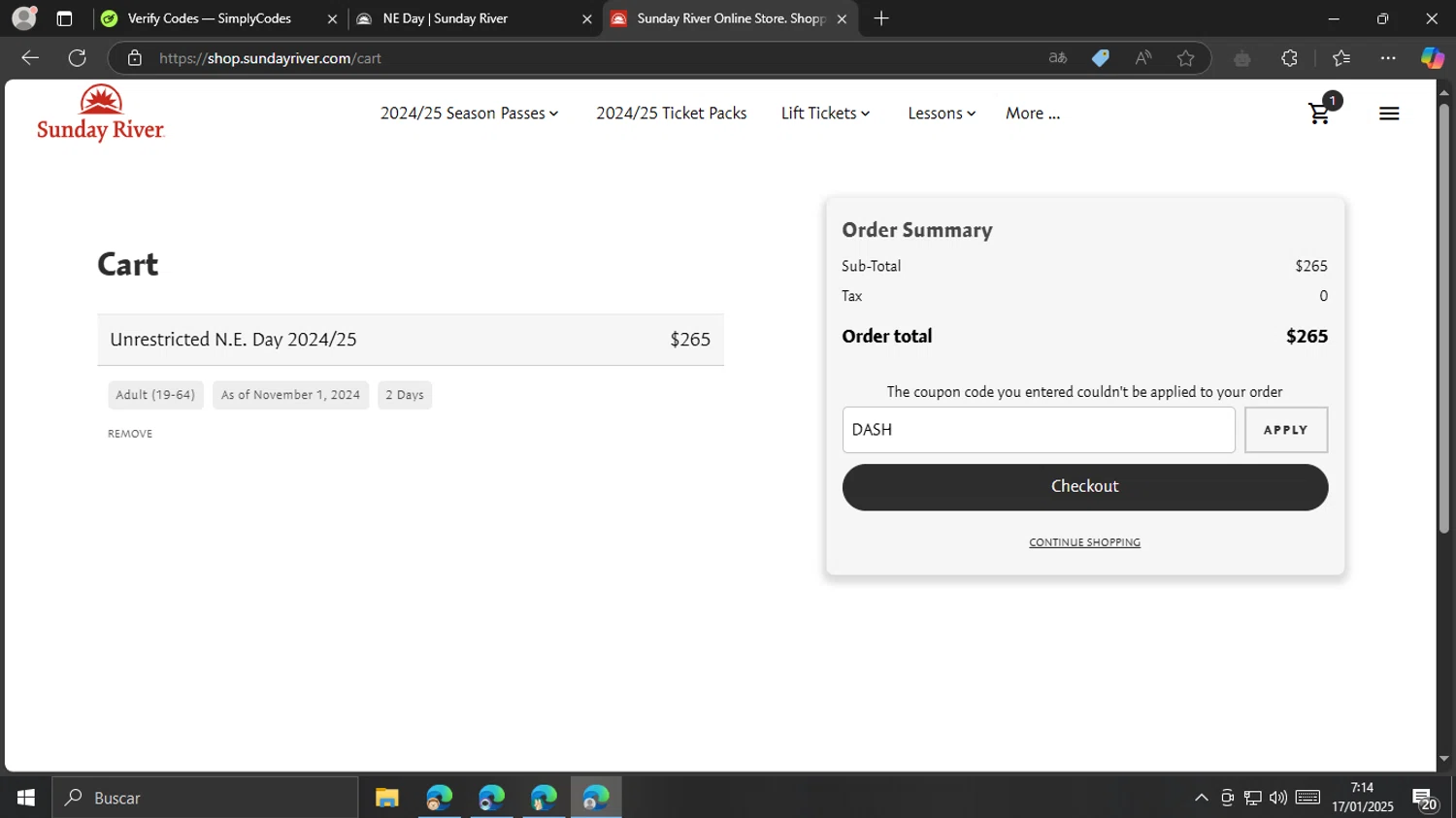 Sunday River discount code screenshot showing code DASH applied at Sunday River checkout page. Uploaded by SimplyCodes community member MrsPopo on Jan 17, 2025