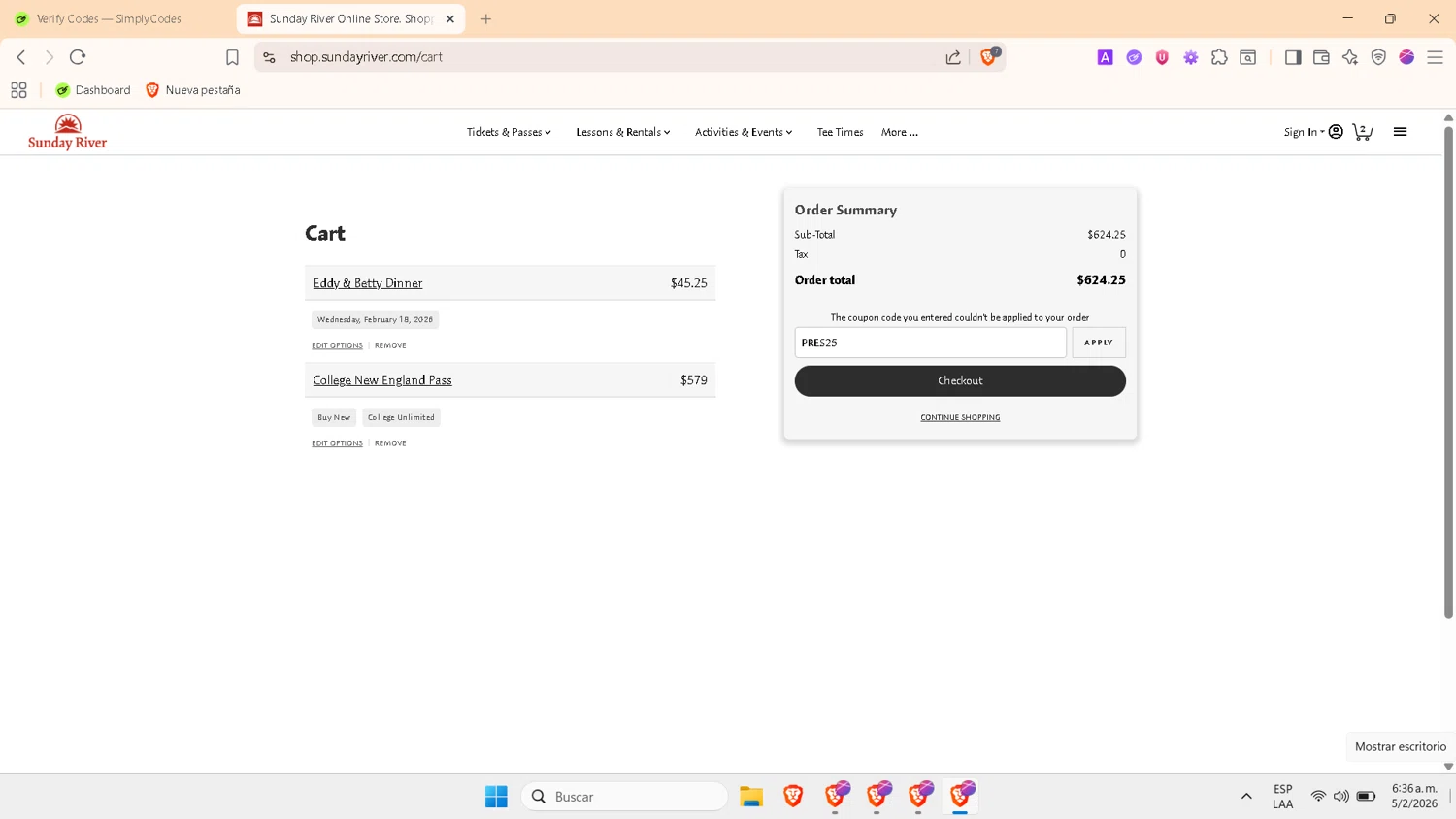Sunday River discount code screenshot showing code PRES25 applied at Sunday River checkout page. Uploaded by SimplyCodes community member PrimeWhiz4850 on Feb 5, 2026