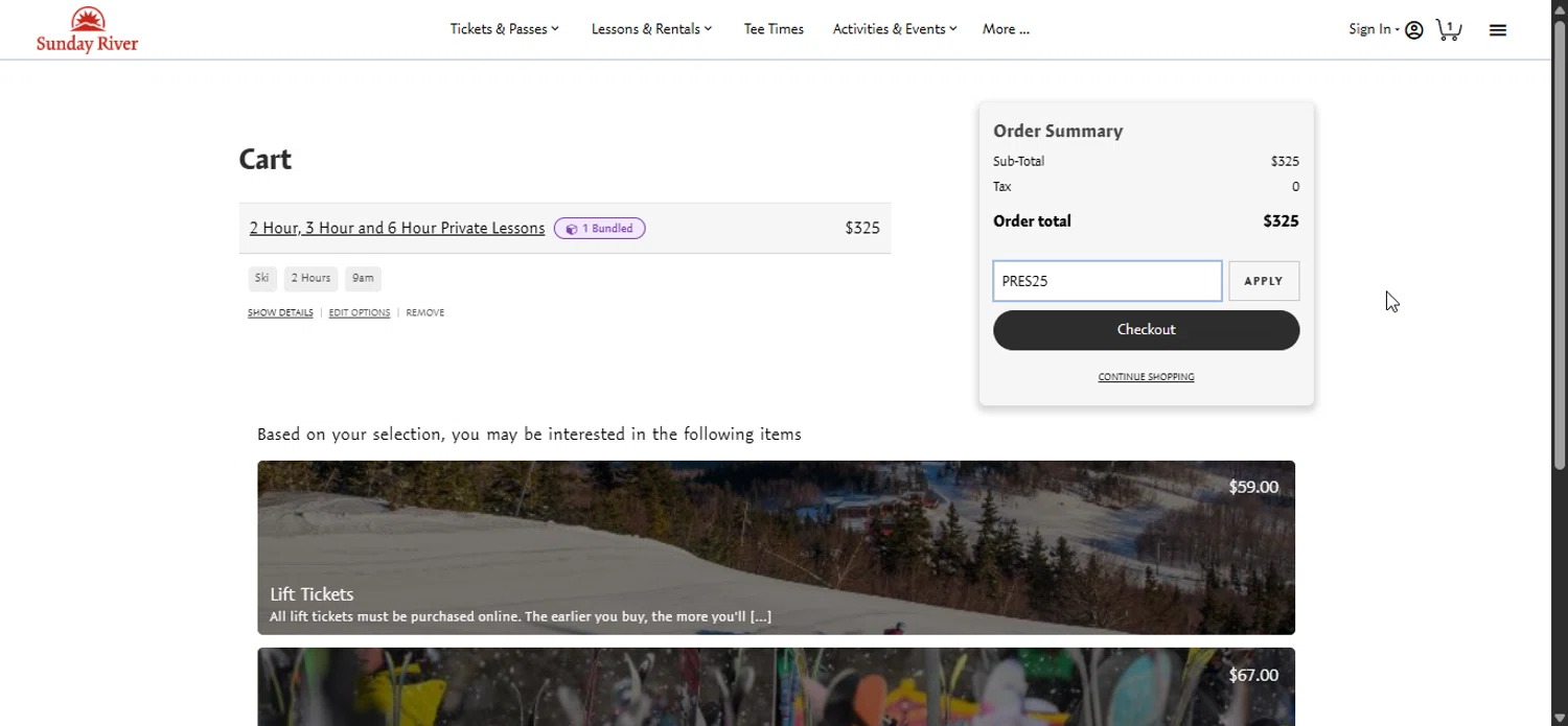 Sunday River discount code screenshot showing code PRES25 applied at Sunday River checkout page. Uploaded by SimplyCodes community member Prospecto on Oct 15, 2025