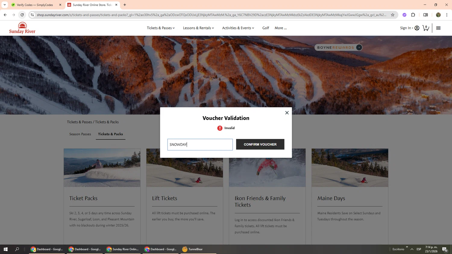 Sunday River discount code screenshot showing code SNOWDAY applied at Sunday River checkout page. Uploaded by SimplyCodes community member Phoenix585 on Jan 23, 2026