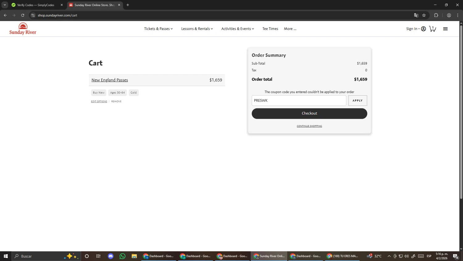 Sunday River checkout page showing Sunday River discount code box | Screenshot taken by SimplyCodes community member on Feb 4, 2026