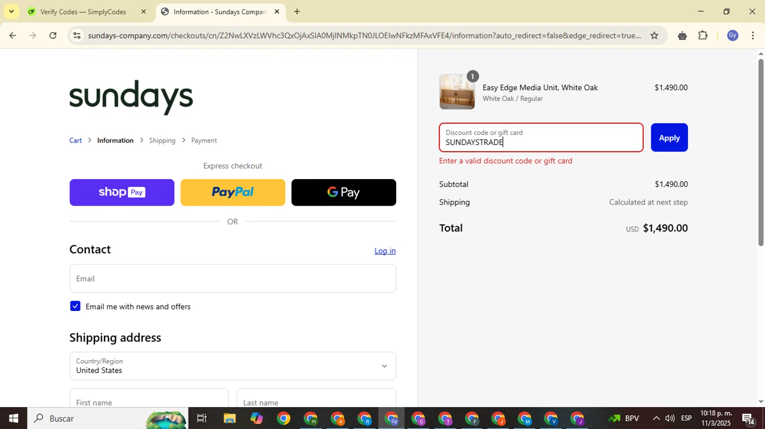Sundays discount code screenshot showing code SUNDAYSTRADE applied at Sundays checkout page. Uploaded by SimplyCodes community member FrugalOwl962 on Mar 12, 2025