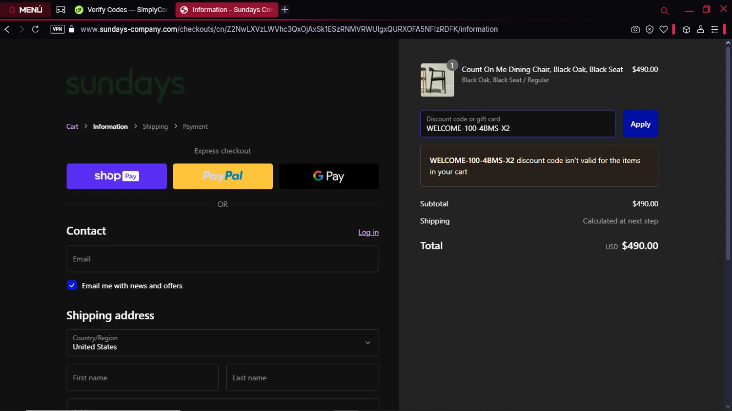 Sundays discount code screenshot showing code WELCOME-100-4BMS-X2 applied at Sundays checkout page. Uploaded by SimplyCodes community member Gabrielpato on Feb 18, 2025