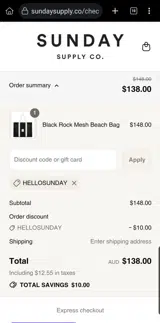 HELLOSUNDAY coupon verification screenshot