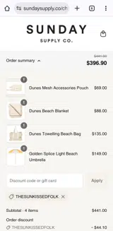 THESUNKISSEDFOLK coupon verification screenshot