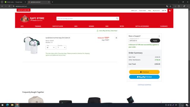 Sunderland AFC checkout page showing Sunderland AFC promo code box | Screenshot taken by SimplyCodes community member on Feb 15, 2025