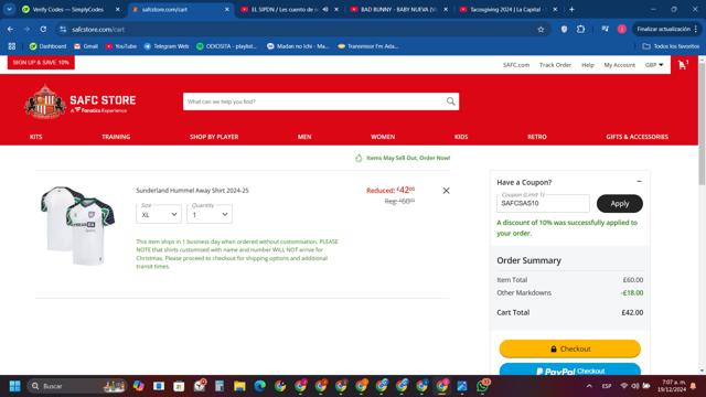 Sunderland AFC checkout page showing Sunderland AFC promo code box | Screenshot taken by SimplyCodes community member on Dec 19, 2024