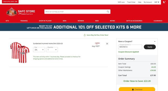 Sunderland AFC checkout page showing Sunderland AFC promo code box | Screenshot taken by SimplyCodes community member on Jan 15, 2025
