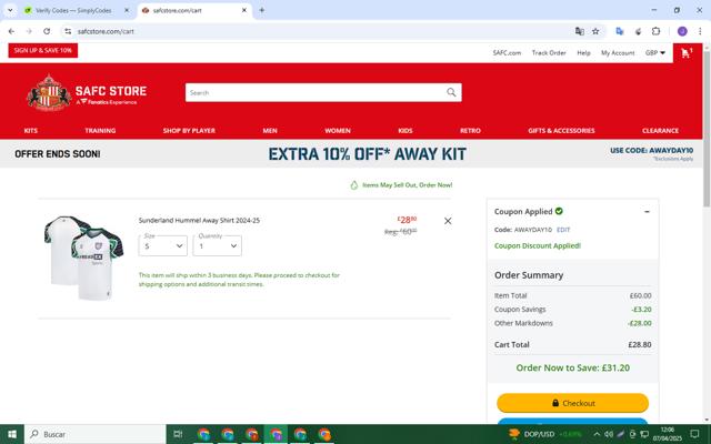 Sunderland AFC checkout page showing Sunderland AFC promo code box | Screenshot taken by SimplyCodes community member on Apr 7, 2025