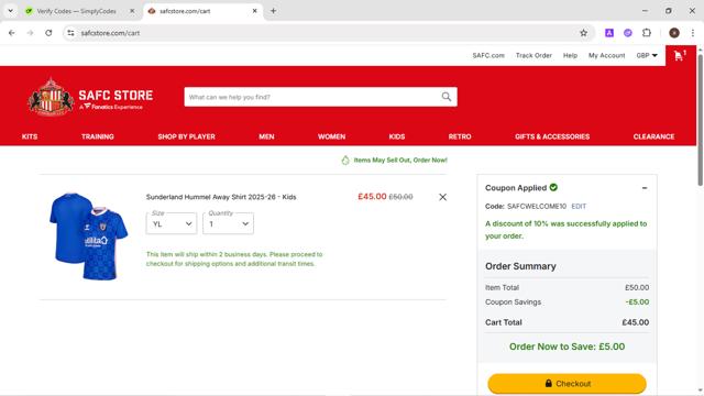 Sunderland AFC checkout page showing Sunderland AFC promo code box | Screenshot taken by SimplyCodes community member on Jul 19, 2025