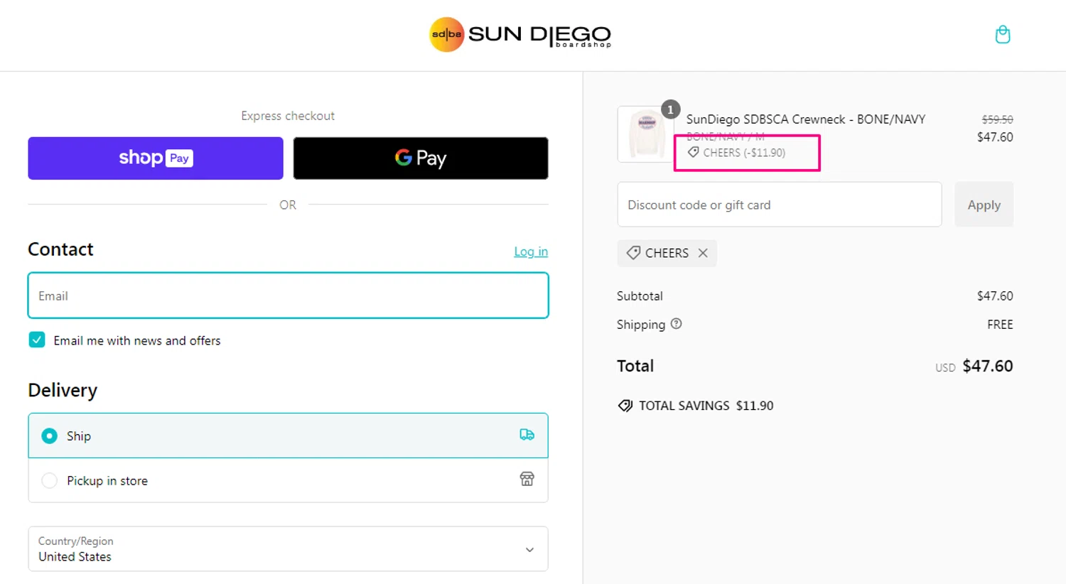 Sun Diego Boardshops promo code screenshot showing code CHEERS applied at Sun Diego Boardshops checkout page. Uploaded by SimplyCodes community member AlejandraSarmiento on Jan 1, 2025