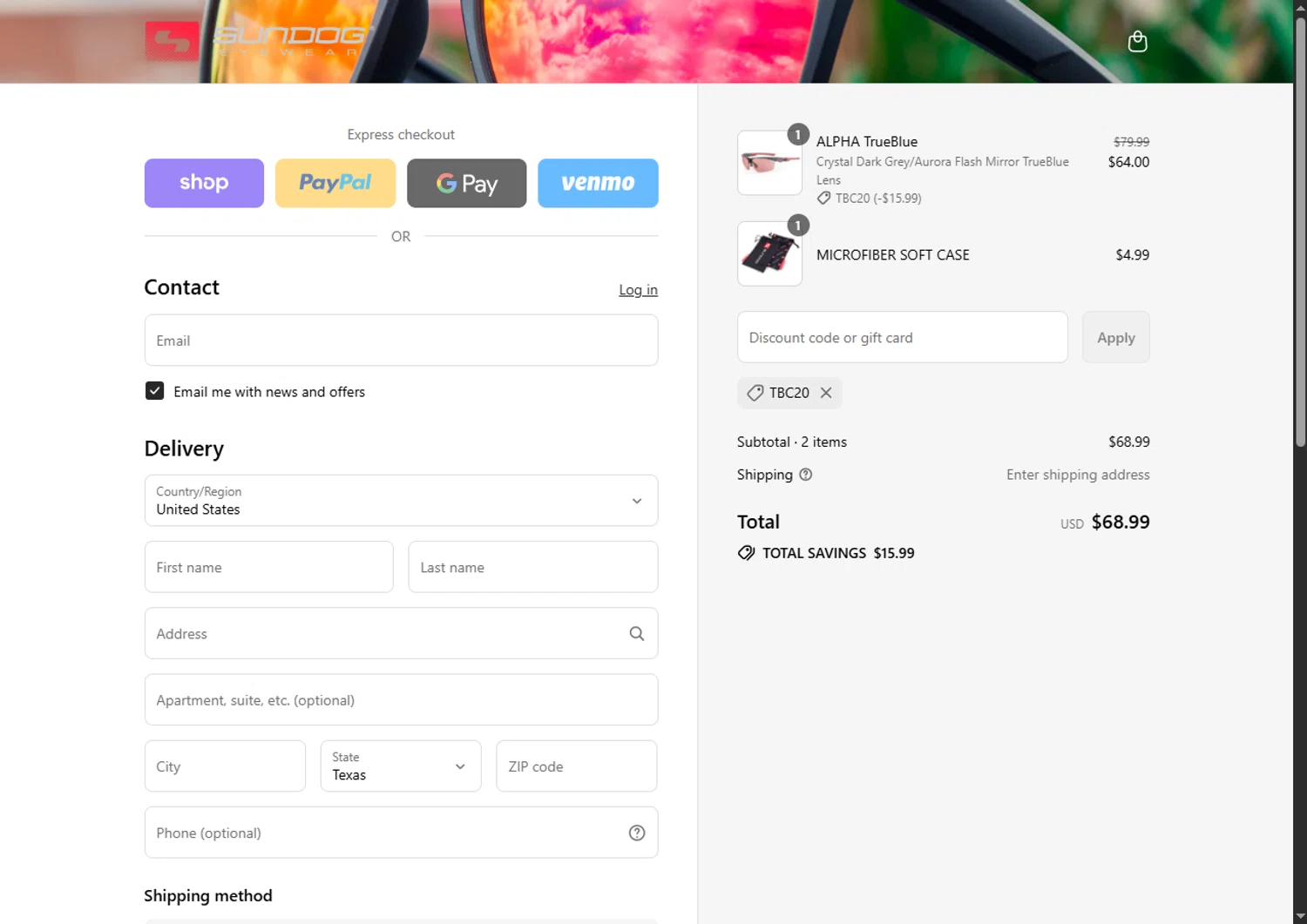 Sundog Eyewear discount code screenshot showing code tbc20 applied at Sundog Eyewear checkout page. Uploaded by SimplyCodes community member BargainSaver8204 on Sep 2, 2025