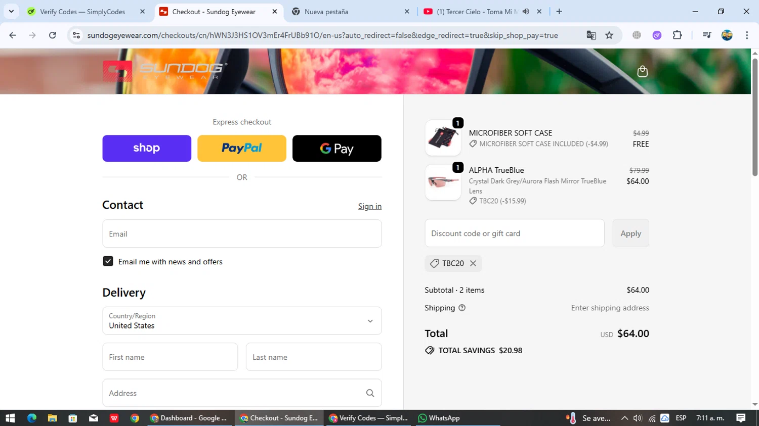 Sundog Eyewear discount code screenshot showing code tbc20 applied at Sundog Eyewear checkout page. Uploaded by SimplyCodes community member EpicTracker8800 on Sep 23, 2025