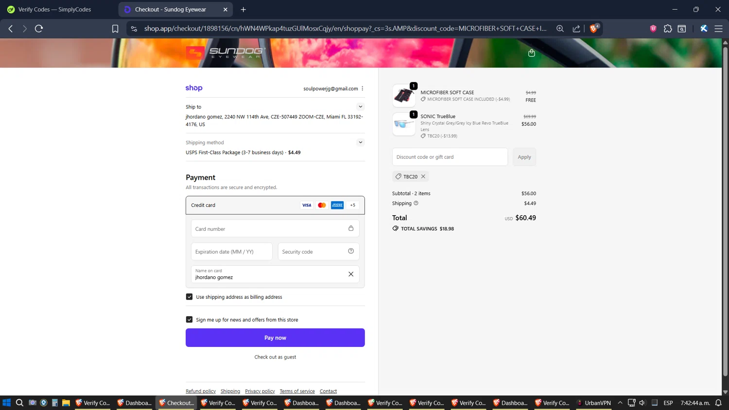 Sundog Eyewear discount code screenshot showing code tbc20 applied at Sundog Eyewear checkout page. Uploaded by SimplyCodes community member Jgomez on Oct 25, 2025
