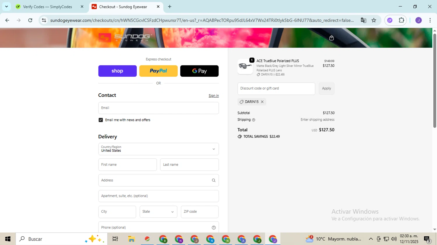 Sundog Eyewear discount code screenshot showing code DARIN15 applied at Sundog Eyewear checkout page. Uploaded by SimplyCodes community member PromoHunter9043 on Nov 12, 2025