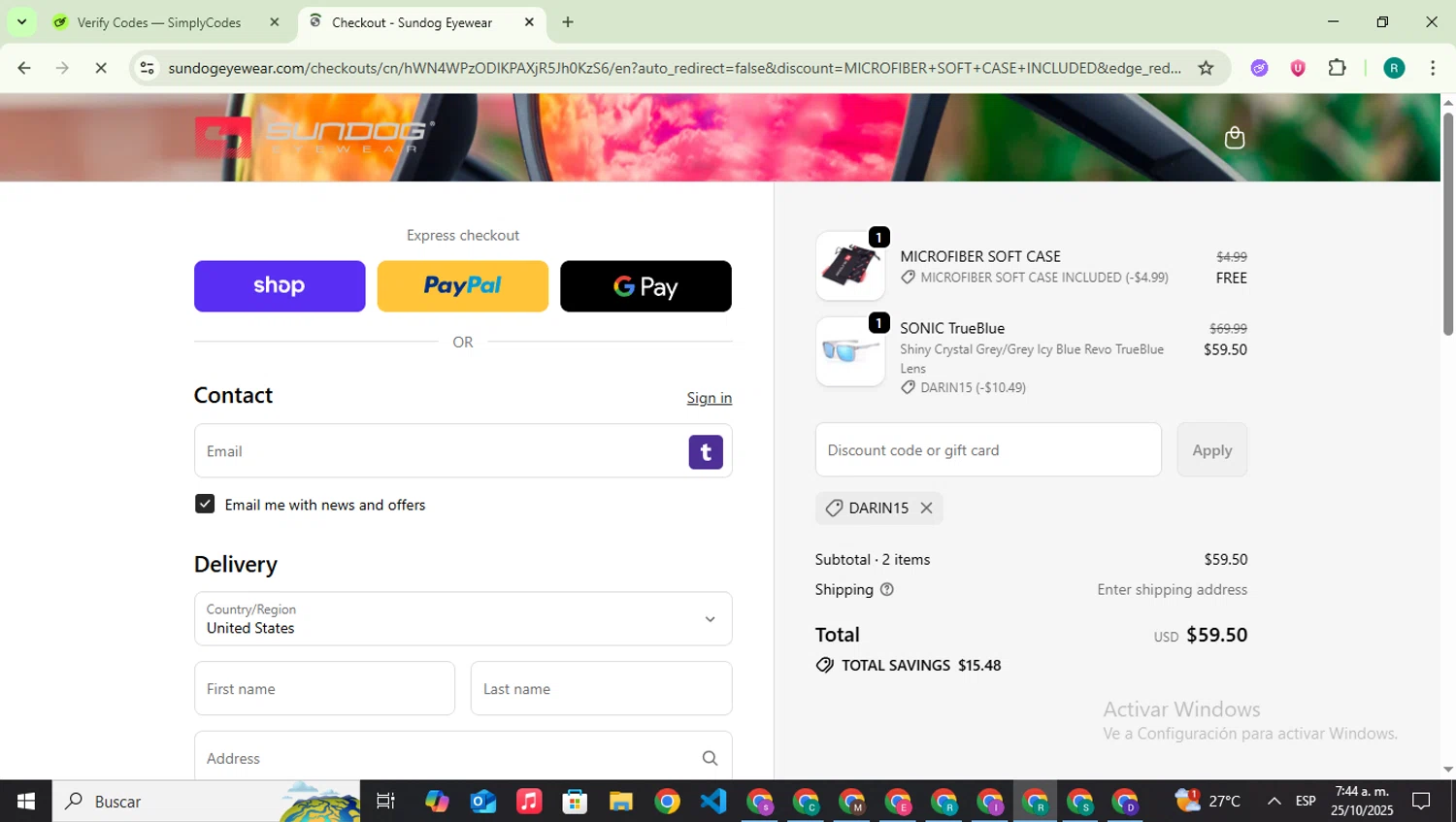 Sundog Eyewear discount code screenshot showing code DARIN15 applied at Sundog Eyewear checkout page. Uploaded by SimplyCodes community member SavingsLegend387 on Oct 25, 2025