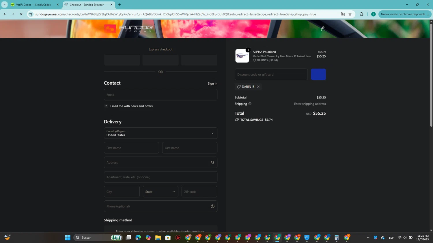 Sundog Eyewear discount code screenshot showing code DARIN15 applied at Sundog Eyewear checkout page. Uploaded by SimplyCodes community member SavingsRanger5017 on Dec 8, 2025