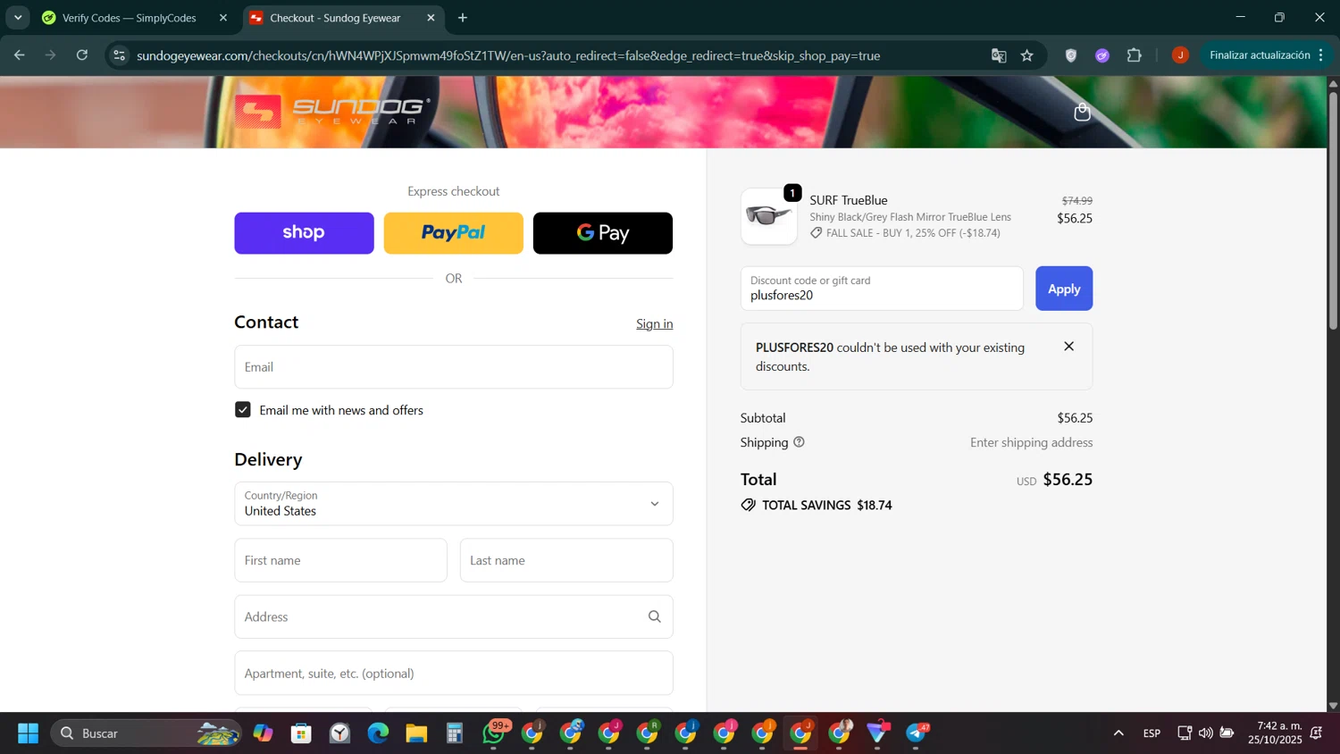 Sundog Eyewear discount code screenshot showing code plusfores20 applied at Sundog Eyewear checkout page. Uploaded by SimplyCodes community member ShieldAce8260 on Oct 25, 2025
