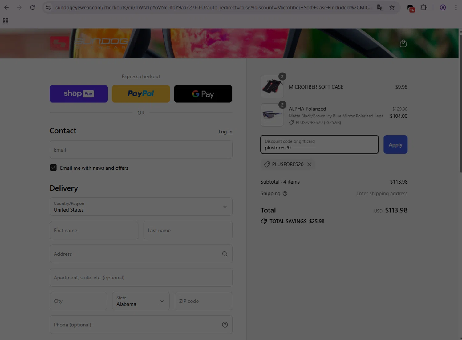 Sundog Eyewear discount code screenshot showing code plusfores20 applied at Sundog Eyewear checkout page. Uploaded by SimplyCodes community member SmartPilot7926 on Aug 15, 2025