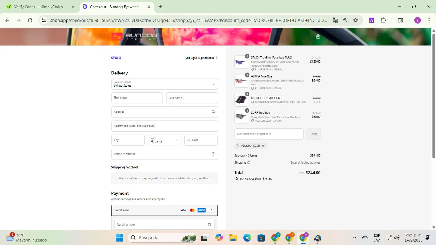 Sundog Eyewear discount code screenshot showing code plusfores20 applied at Sundog Eyewear checkout page. Uploaded by SimplyCodes community member yadicg054 on Sep 14, 2025
