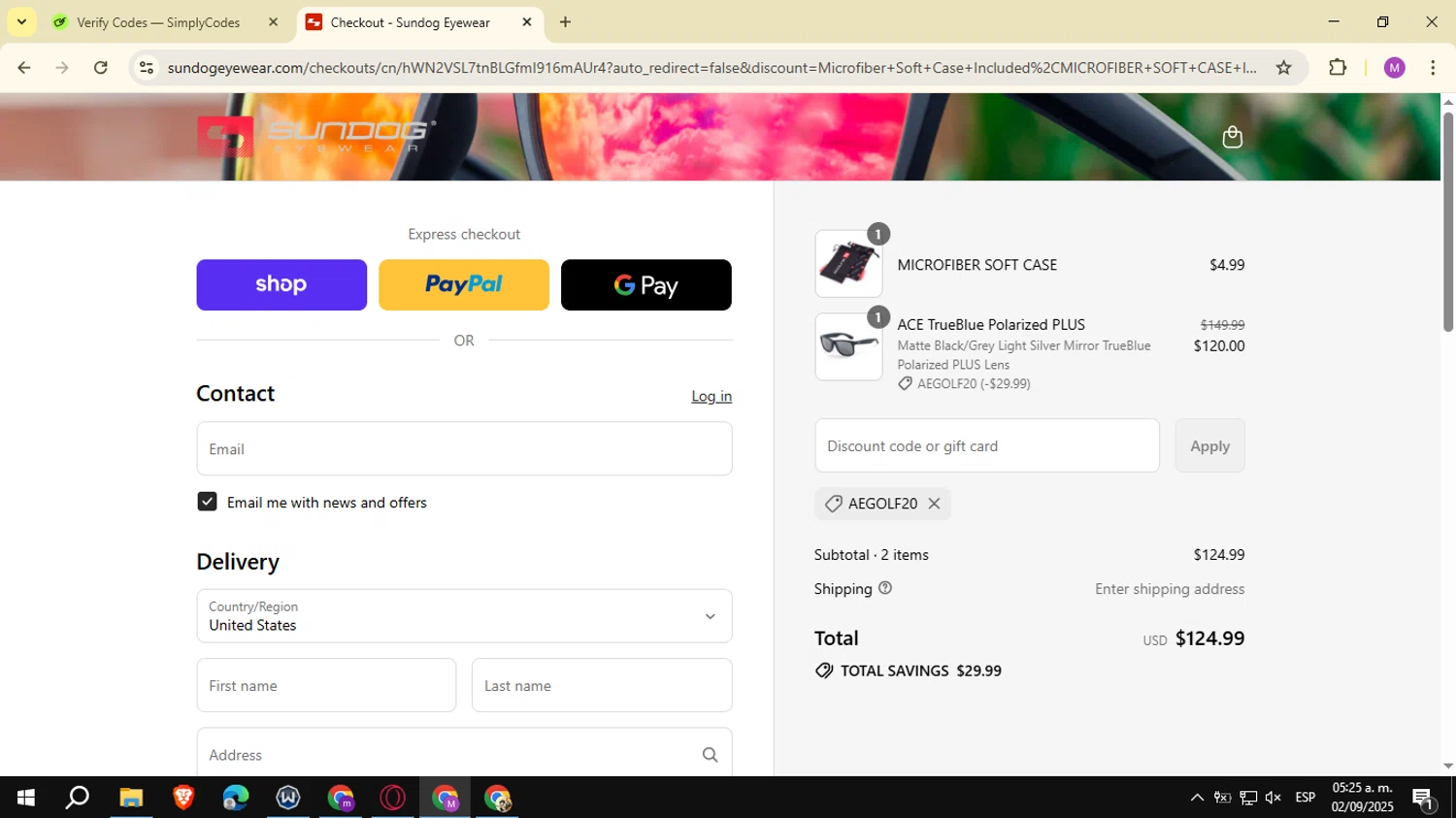 Sundog Eyewear discount code screenshot showing code AEGOLF20 applied at Sundog Eyewear checkout page. Uploaded by SimplyCodes community member NobleSeeker3177 on Sep 2, 2025
