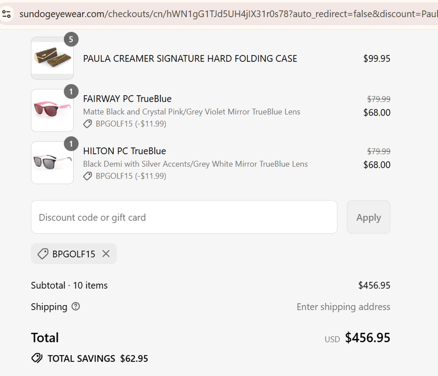 Sundog Eyewear discount code screenshot showing code BPGOLF15 applied at Sundog Eyewear checkout page. Uploaded by SimplyCodes community member CouponSage9293 on Aug 11, 2025