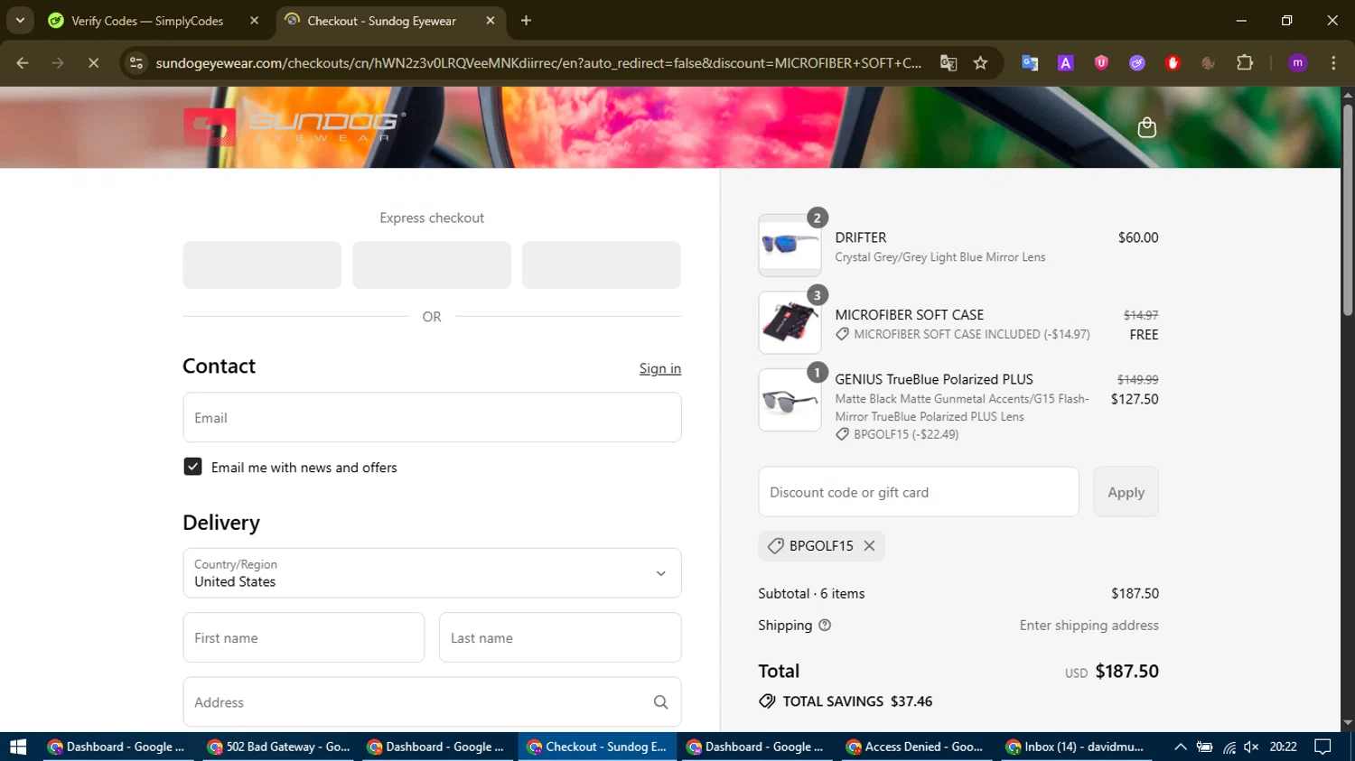 Sundog Eyewear discount code screenshot showing code BPGOLF15 applied at Sundog Eyewear checkout page. Uploaded by SimplyCodes community member WonderHawk4272 on Sep 14, 2025