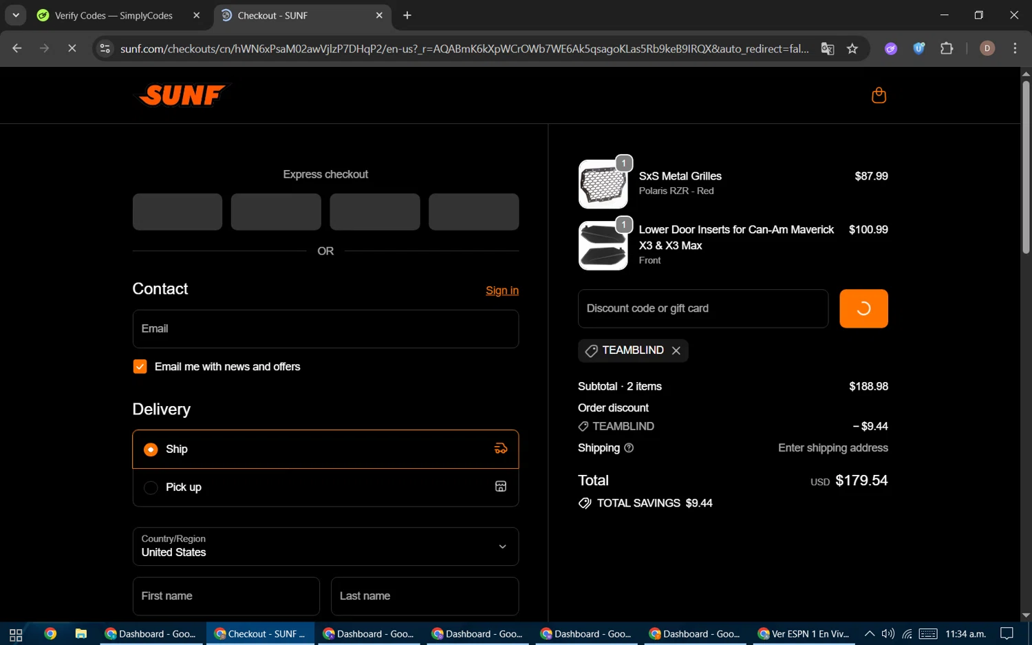 SUNF discount code screenshot showing code TEAMBLIND applied at SUNF checkout page. Uploaded by SimplyCodes community member BrilliantWizard8884 on Dec 28, 2025