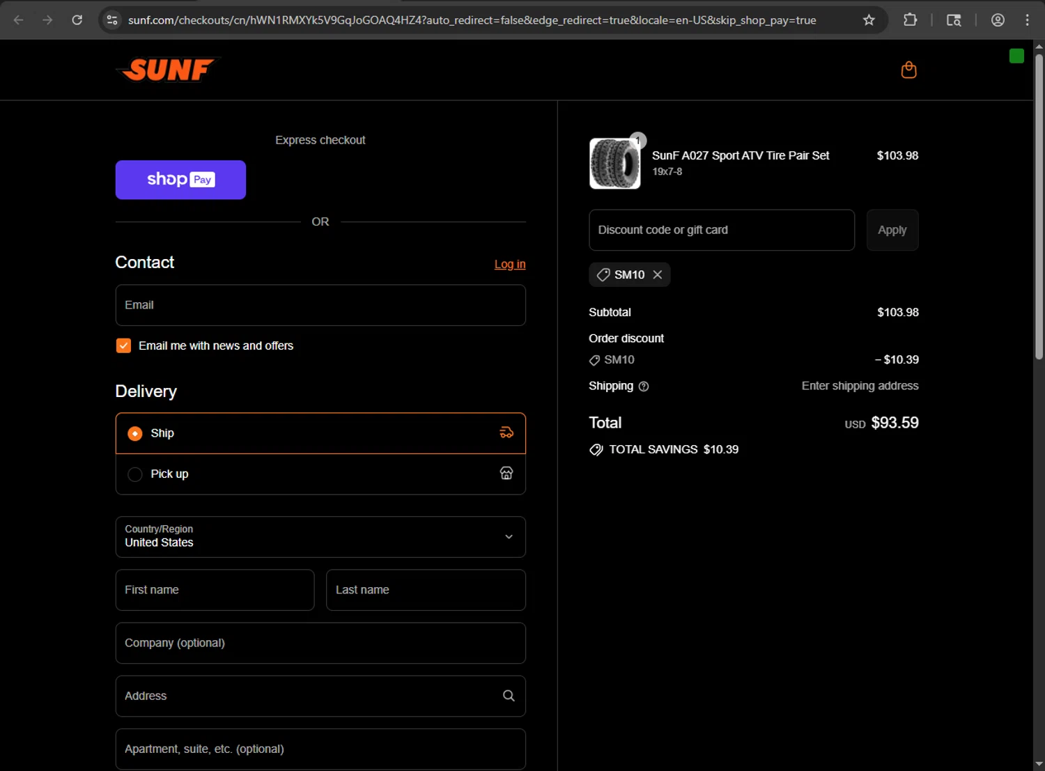 SUNF discount code screenshot showing code SM10 applied at SUNF checkout page. Uploaded by SimplyCodes community member fiadaz on Aug 5, 2025
