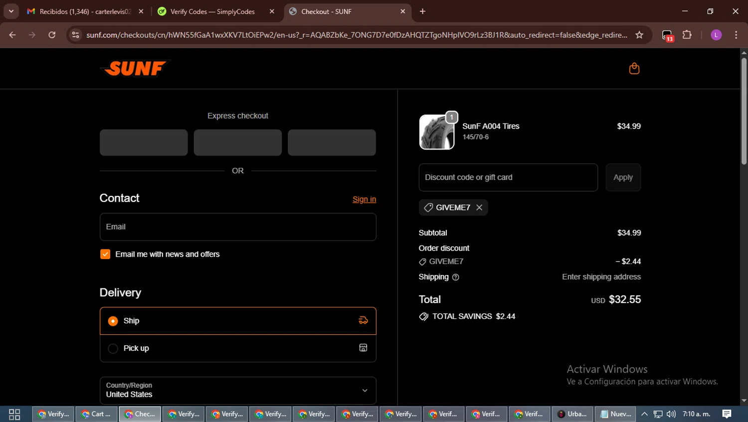 SUNF discount code screenshot showing code GIVEME7 applied at SUNF checkout page. Uploaded by SimplyCodes community member RewardScout5160 on Nov 9, 2025