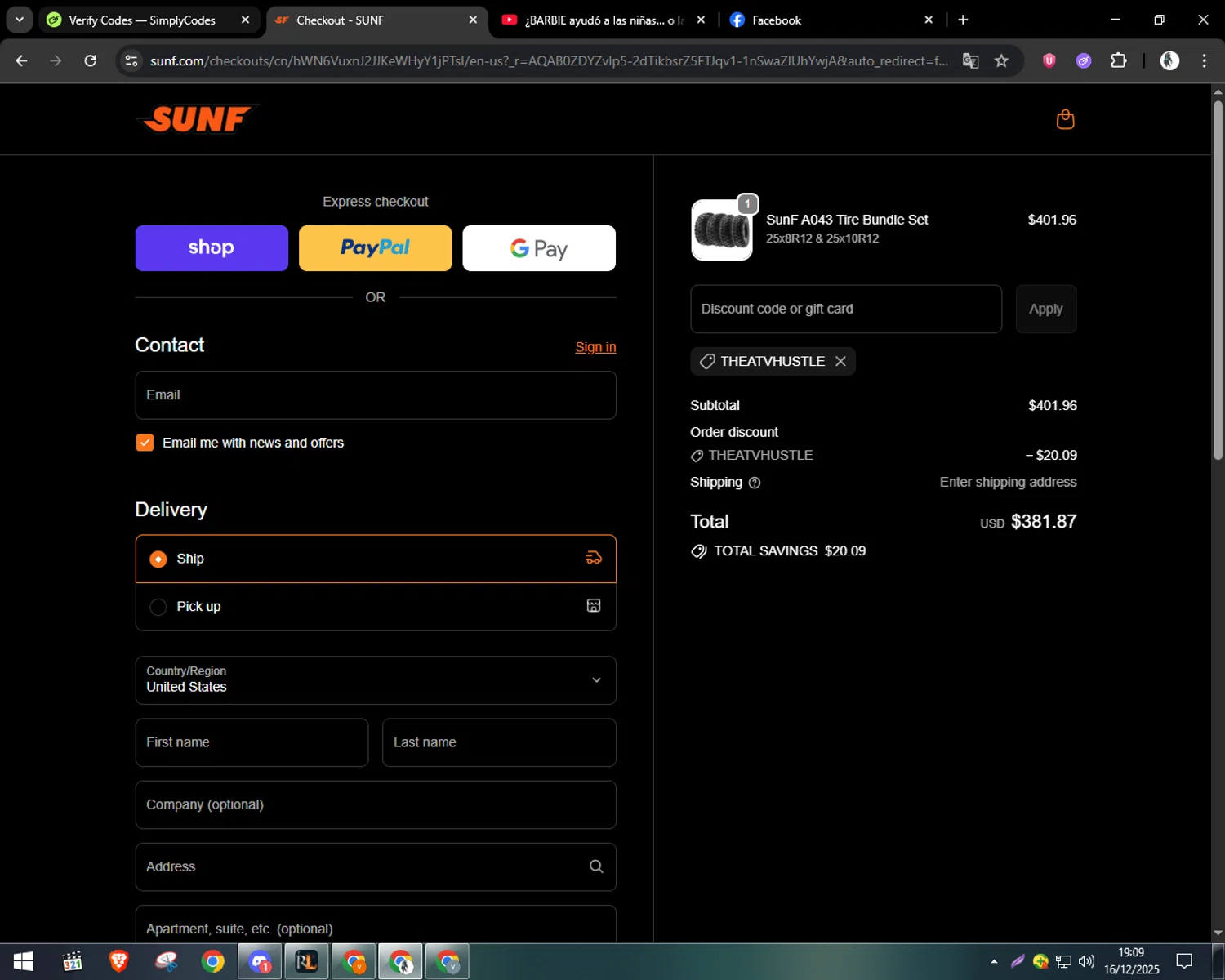 SUNF discount code screenshot showing code THEATVHUSTLE applied at SUNF checkout page. Uploaded by SimplyCodes community member CleverSentinel9441 on Dec 16, 2025