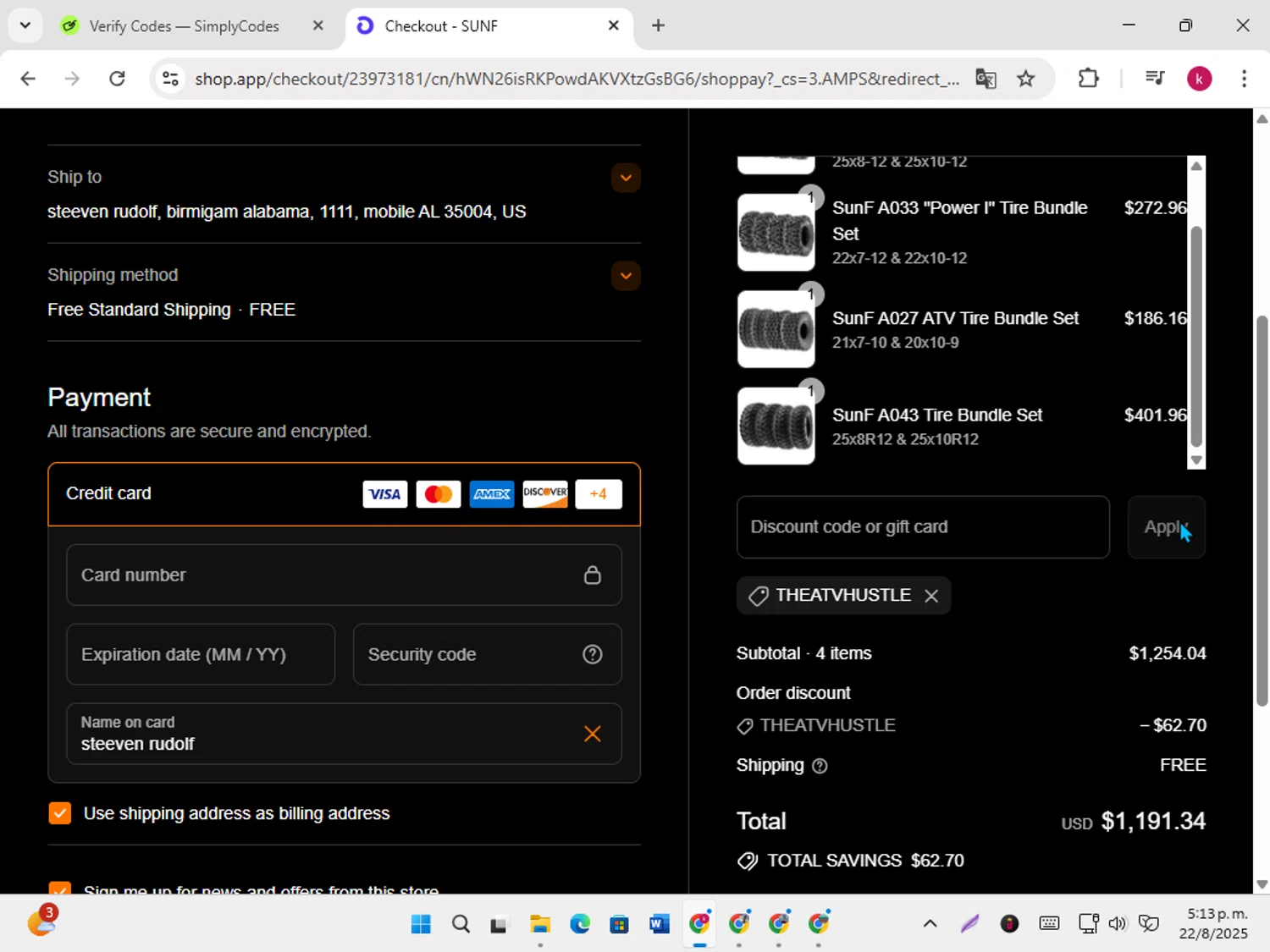 SUNF discount code screenshot showing code THEATVHUSTLE applied at SUNF checkout page. Uploaded by SimplyCodes community member karoline on Aug 22, 2025