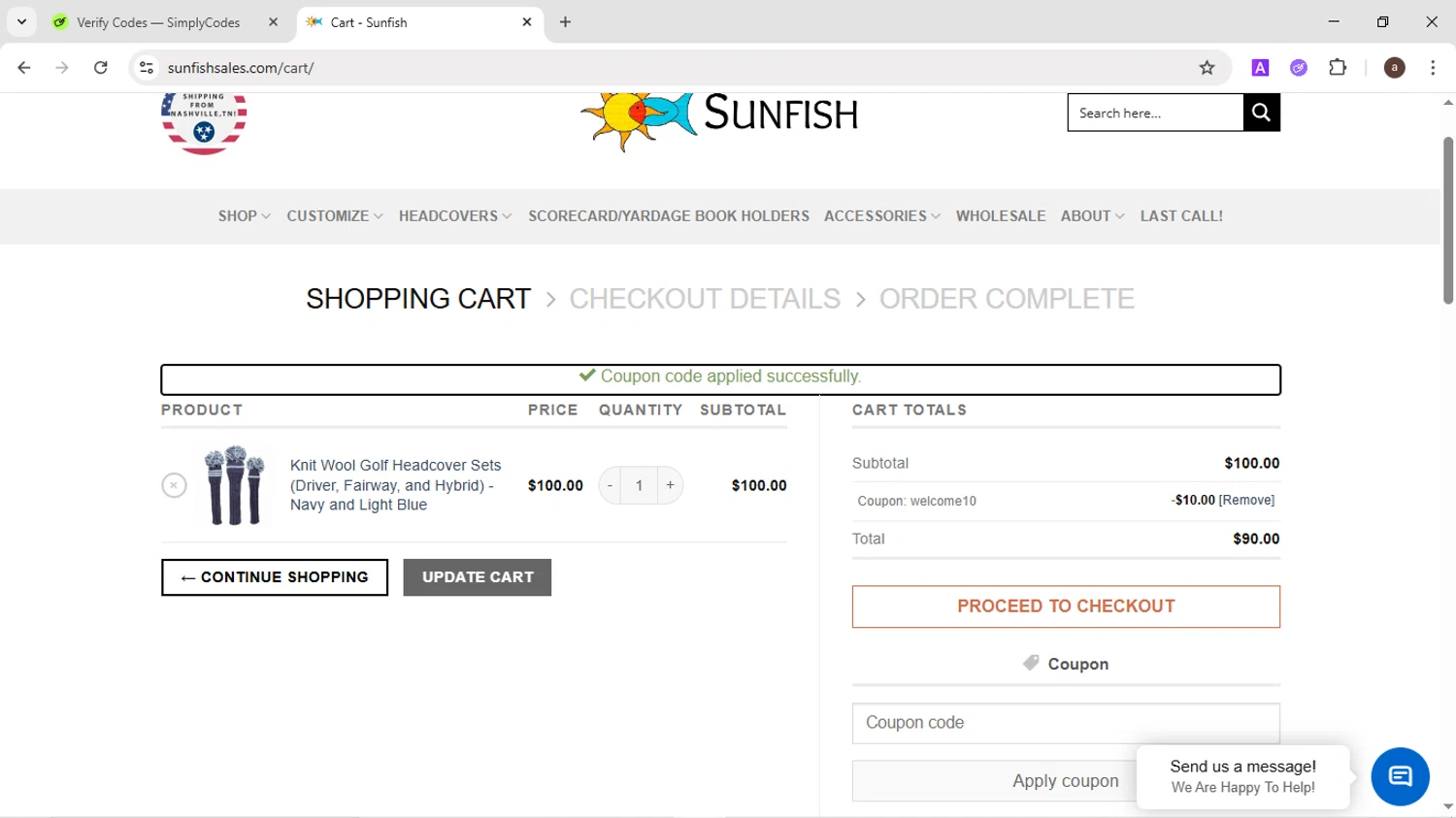 Sunfish coupon code screenshot showing code WELCOME10 applied at Sunfish checkout page. Uploaded by SimplyCodes community member CodeMaverick246 on Jul 5, 2025