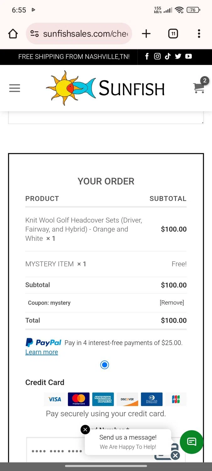 Sunfish coupon code screenshot showing code TEAMSF2025 applied at Sunfish checkout page. Uploaded by SimplyCodes community member Esteban on Sep 20, 2025