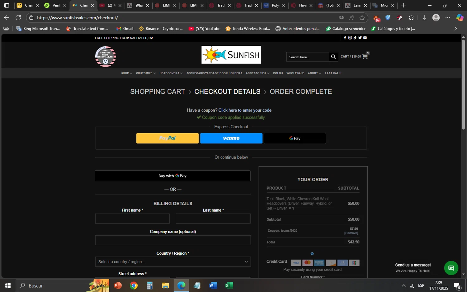 Sunfish coupon code screenshot showing code TEAMSF2025 applied at Sunfish checkout page. Uploaded by SimplyCodes community member SaskeUchiha on Nov 17, 2025