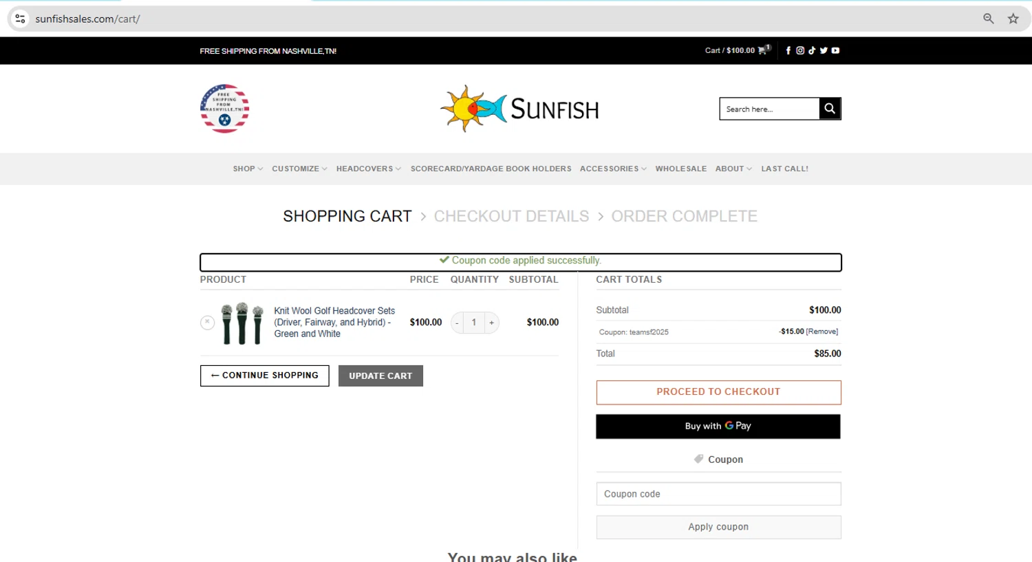 Sunfish coupon code screenshot showing code TEAMSF2025 applied at Sunfish checkout page. Uploaded by SimplyCodes community member YHLQMDLGN on Jul 10, 2025